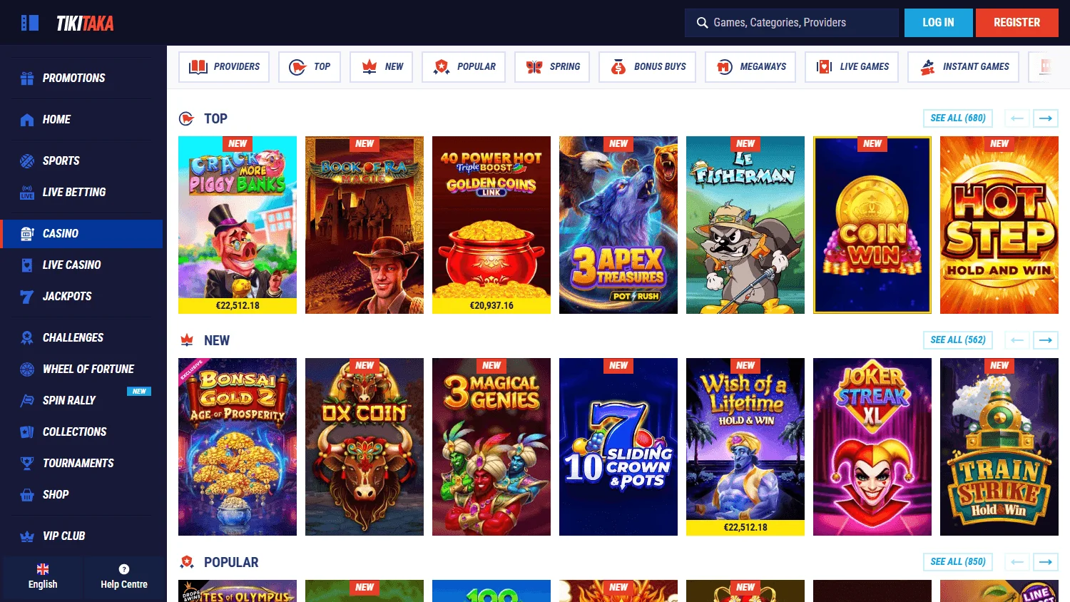 Tikitaka Casino games selection on desktop