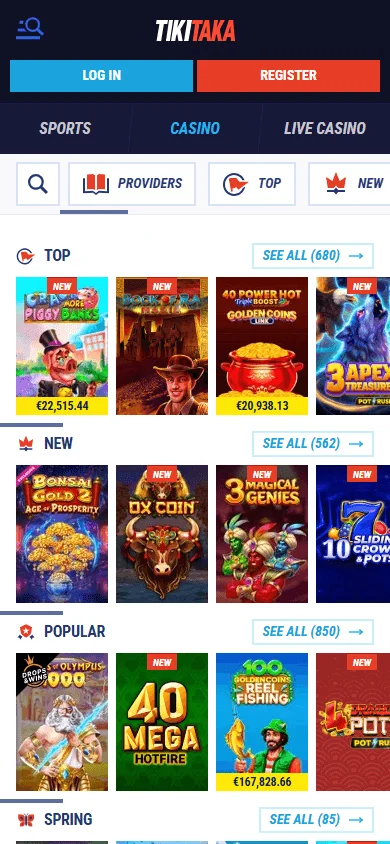 Tikitaka Casino games selection on a mobile device