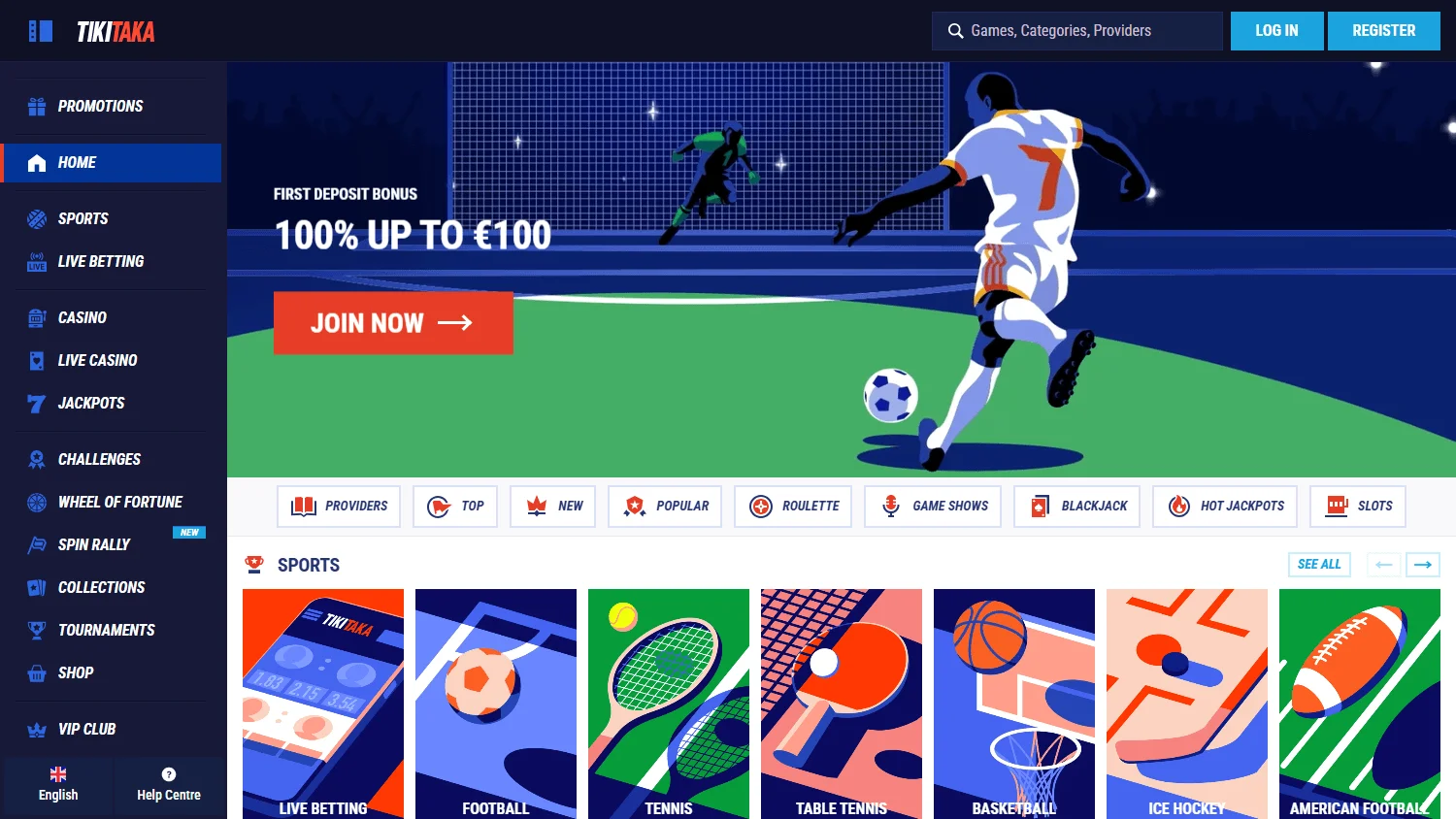 Tikitaka Casino home interface on desktop
