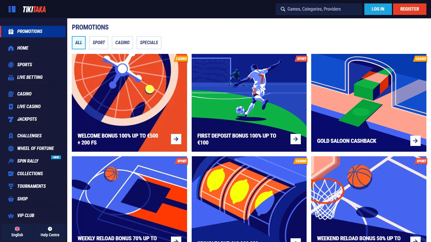 Tikitaka Casino promotions area on desktop